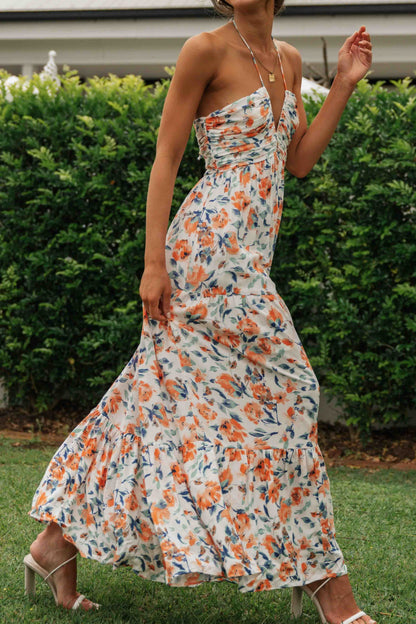 Blossom V-Neck Backless Maxi Dress