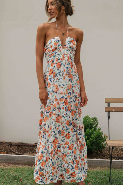 Blossom V-Neck Backless Maxi Dress