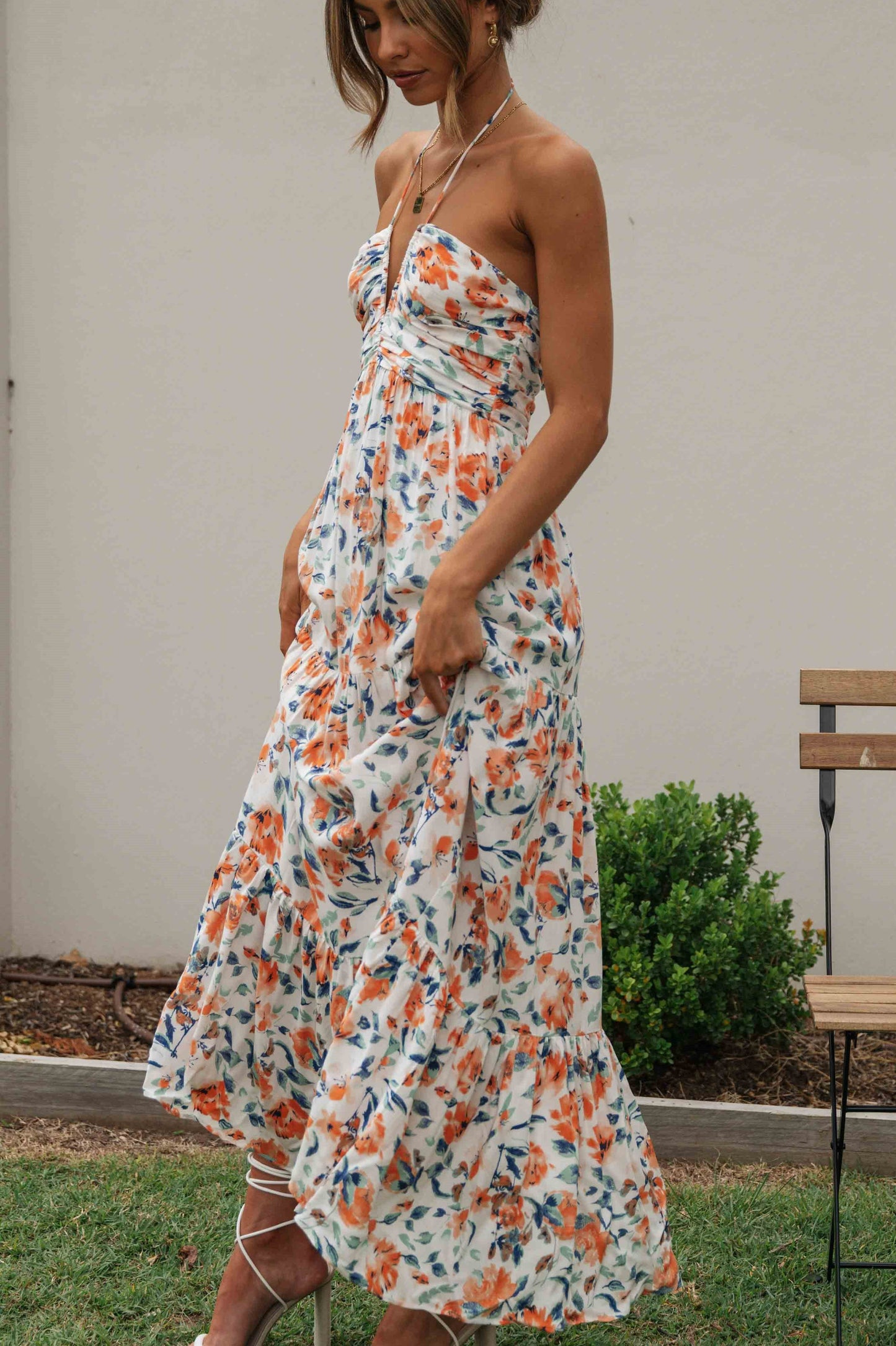 Blossom V-Neck Backless Maxi Dress