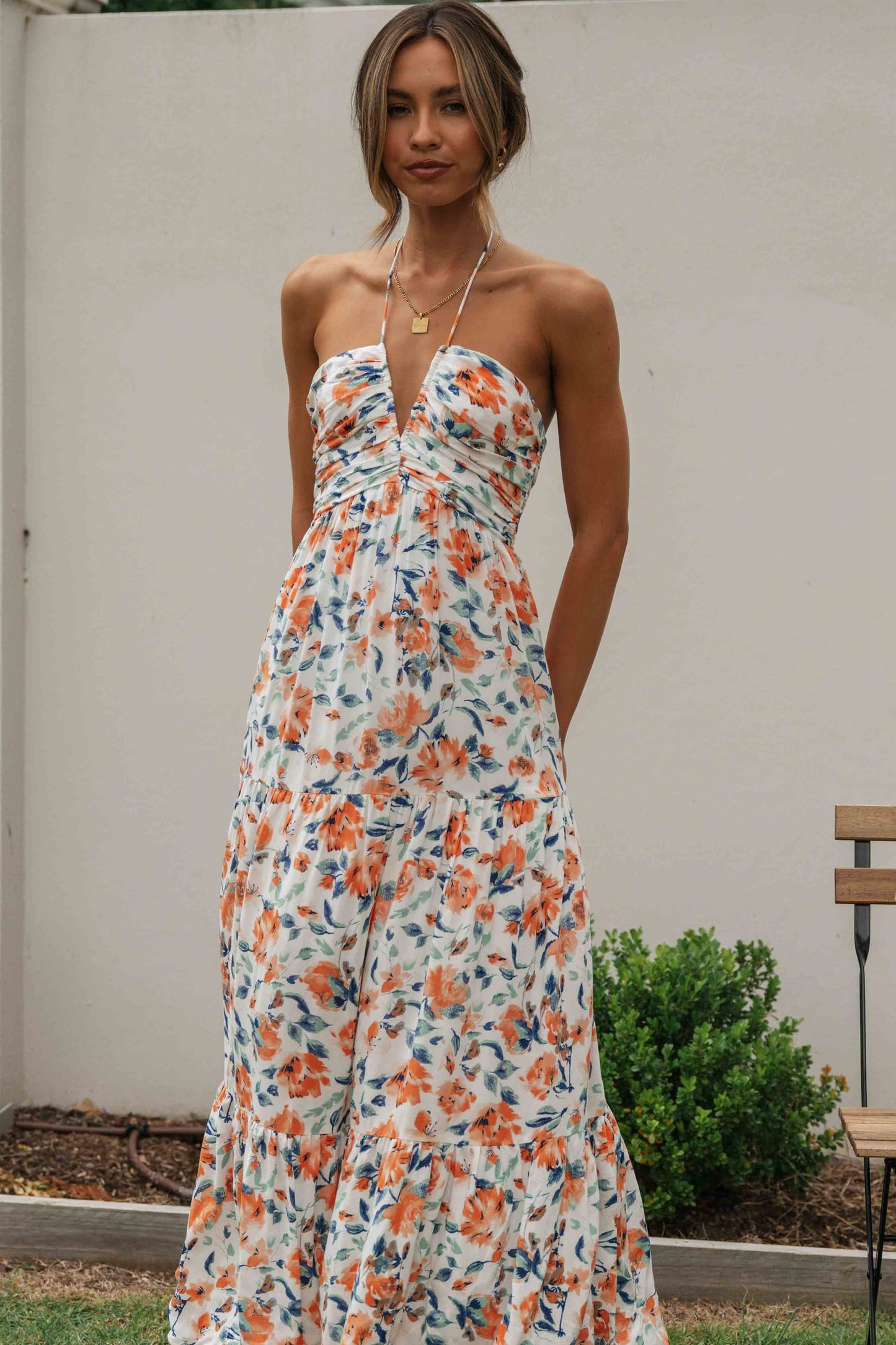 Blossom V-Neck Backless Maxi Dress