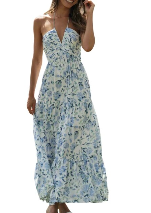 Blossom V-Neck Backless Maxi Dress